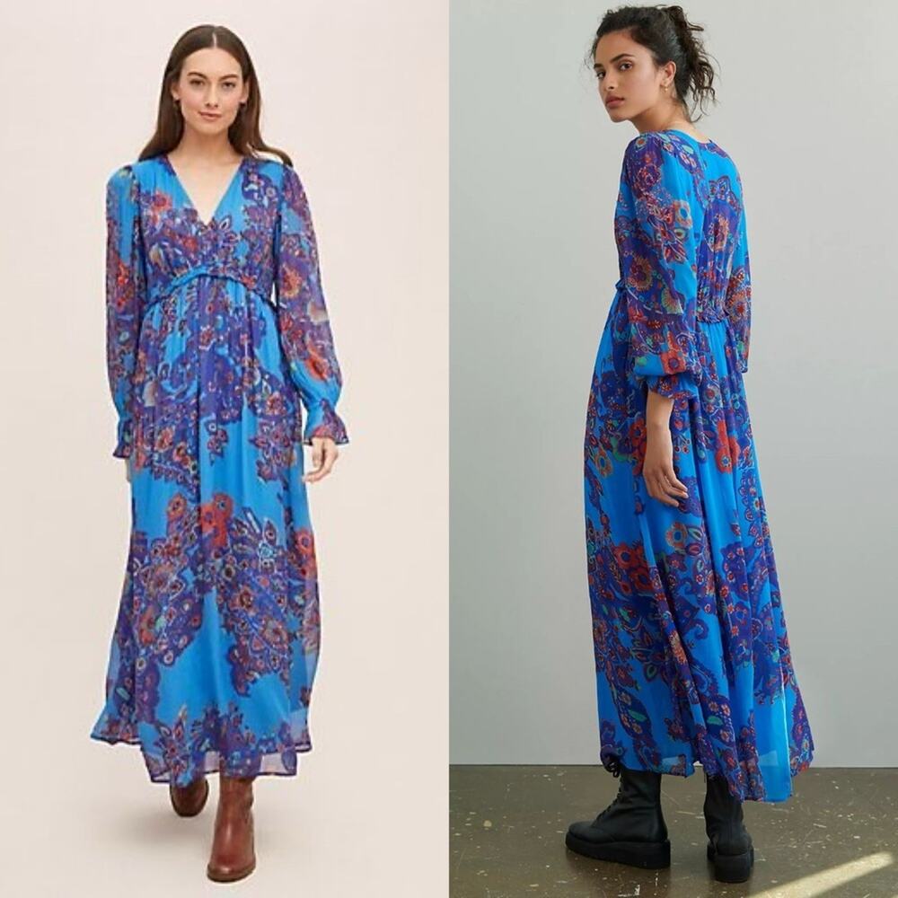 Anthropologie Stasya Embroidered Maxi Dress Blue XS